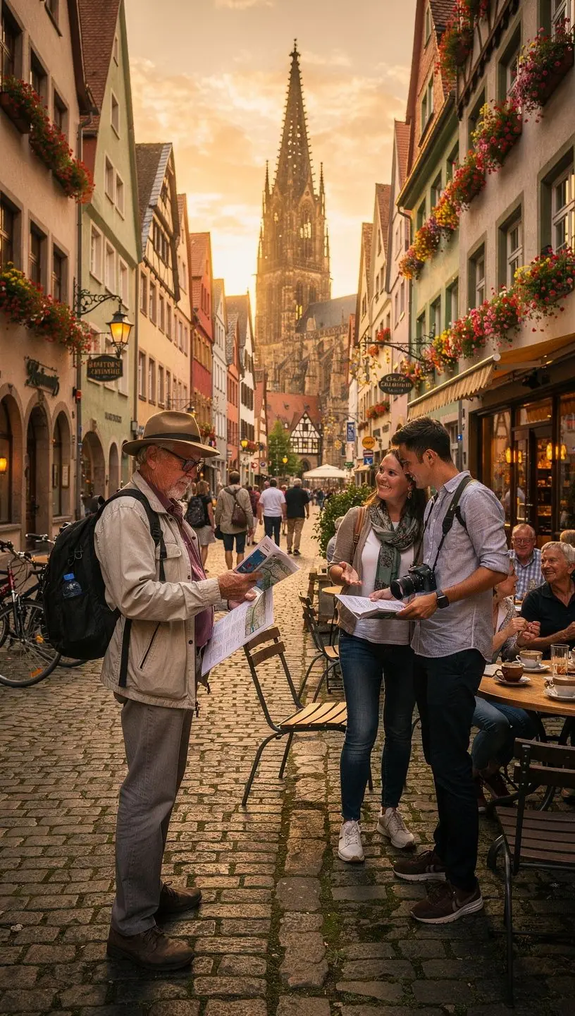 Gruppe von Reisenden bei einer thematischen Führung durch mittelalterliche Stadtviertel in Deutschland.
