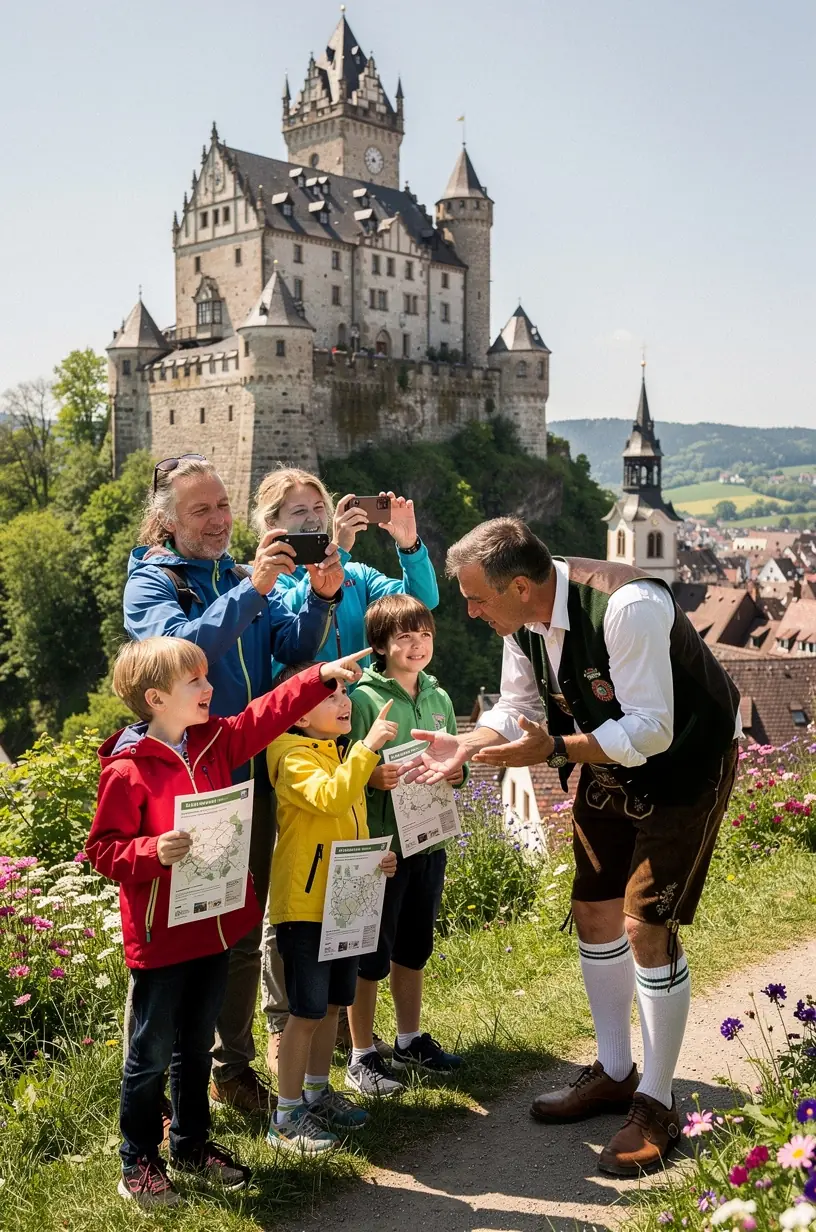 Gedrucktes Routenkit mit detaillierter Karte und Hintergrundinformationen zu historischen Orten in Deutschland.