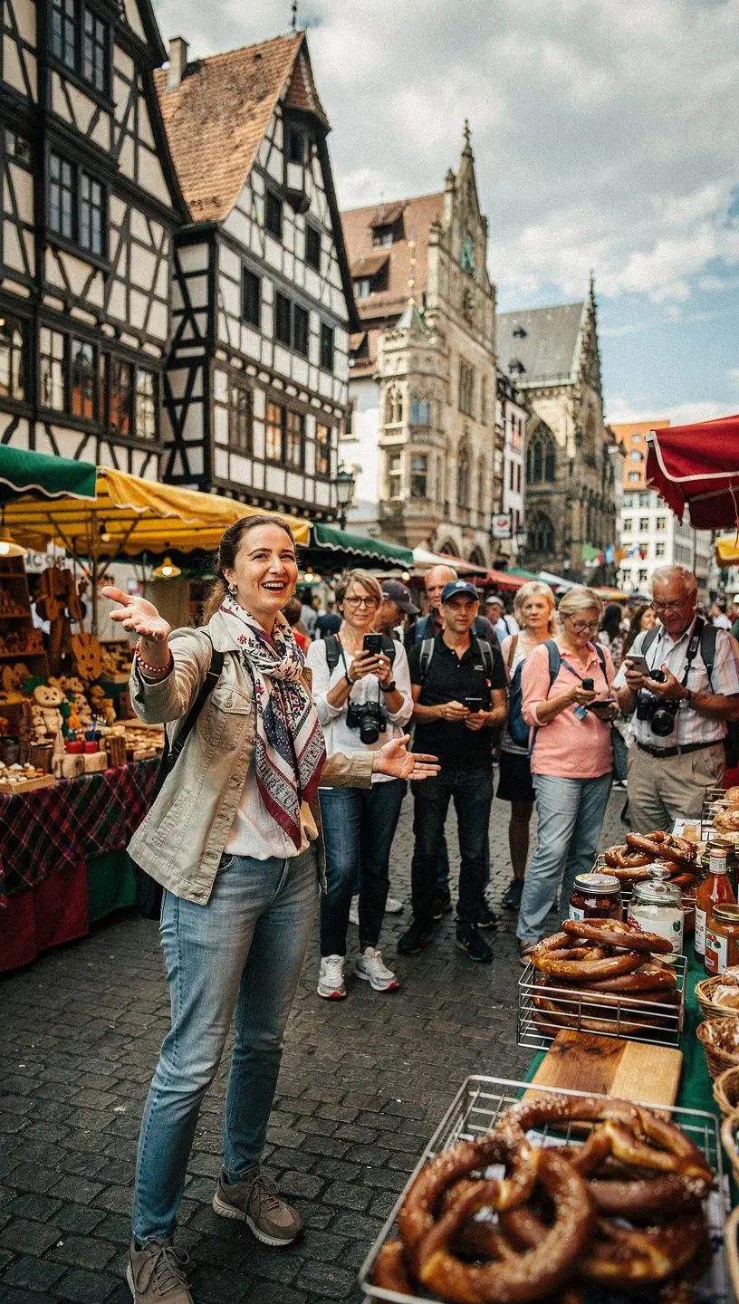Touristen folgen einem erfahrenen Guide durch die architektonischen Highlights einer deutschen Altstadt.
